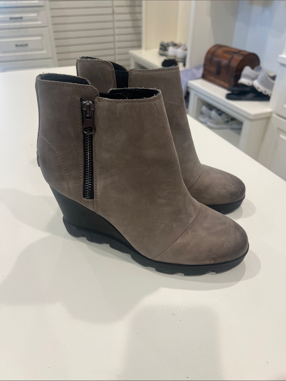 Sorel Taupe Wedge Ankle Boots with Side Zip